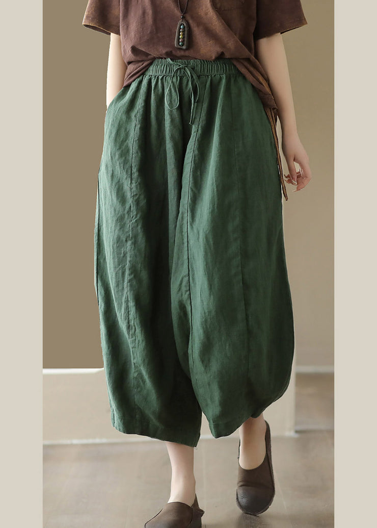 Brief Green Elastic Waist Tie Waist Solid Linen Crop Pants Summer