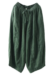 Brief Green Elastic Waist Tie Waist Solid Linen Crop Pants Summer