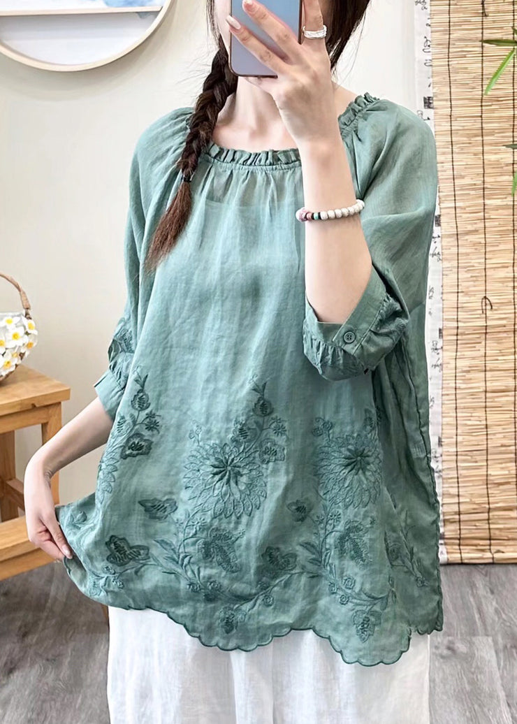 Brief Green O-Neck Embroidered Ruffled Patchwork Linen Top Fall