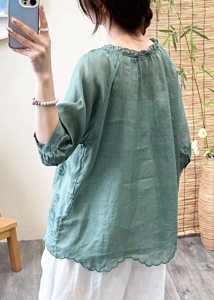Brief Green O-Neck Embroidered Ruffled Patchwork Linen Top Fall