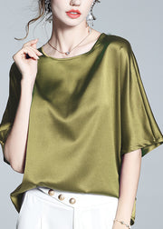 Brief Green O-Neck Solid Silk T Shirt Half Sleeve