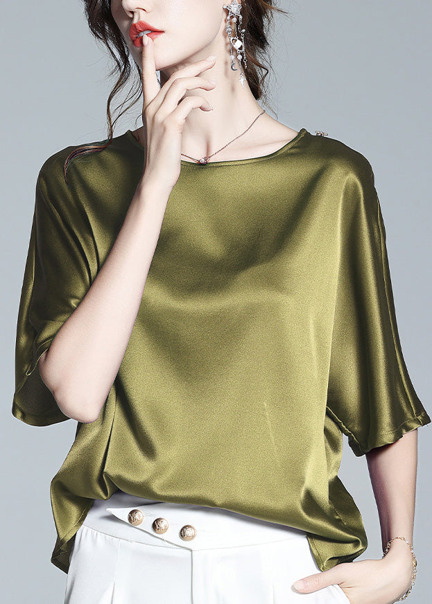 Brief Green O-Neck Solid Silk T Shirt Half Sleeve