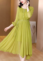 Brief Green O-Neck Wrinkled Chiffon Long Dress Fall