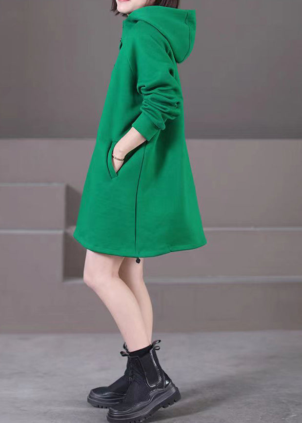 Brief Green Patchwork Button Hooded Mid Dresses Fall