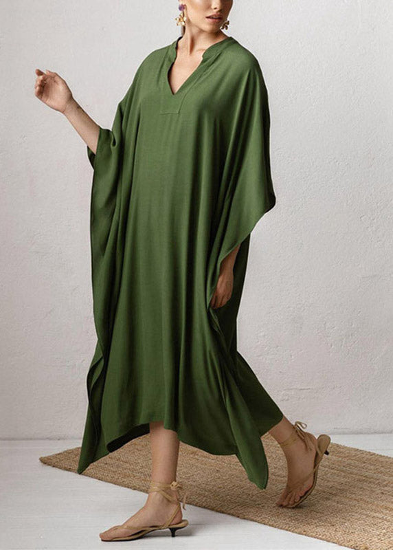 Brief Green V Neck Solid Cozy Kaftan Long Dress Half Sleeve