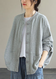 Brief Grey O-Neck Button Solid Cotton Coat Long Sleeve