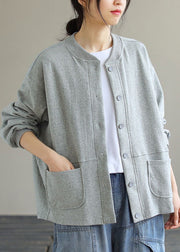 Brief Grey O-Neck Button Solid Cotton Coat Long Sleeve