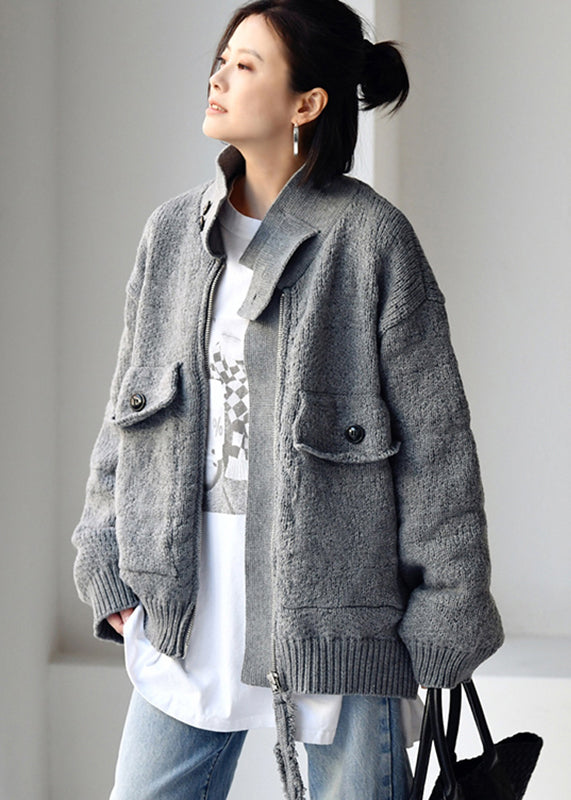 Brief Grey Stand Collar Zippered Button Cotton Knit Sweaters Coats Fall