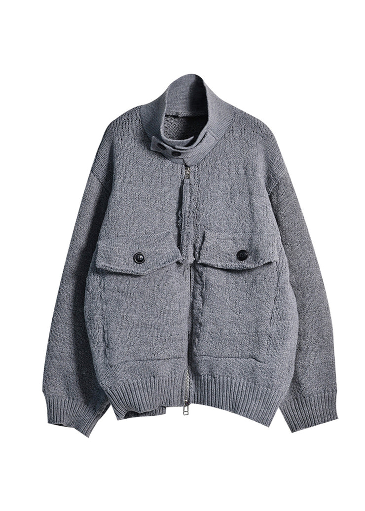Brief Grey Stand Collar Zippered Button Cotton Knit Sweaters Coats Fall
