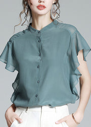 Brief Haze Blue Stand Collar Button Solid Silk Shirt Short Sleeve
