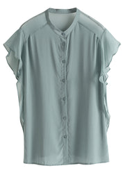 Brief Haze Blue Stand Collar Button Solid Silk Shirt Short Sleeve