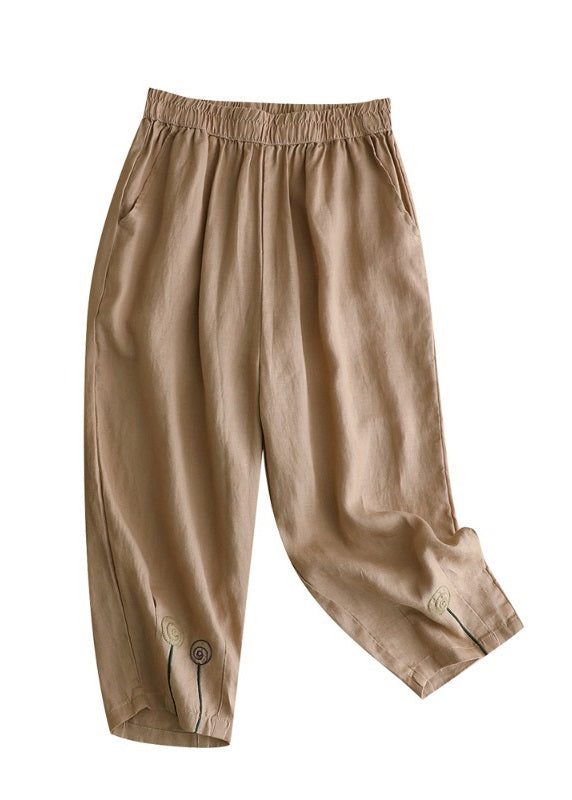 Brief Khaki Embroidered High Waist Solid Linen Harem Pants Summer