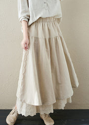 Brief Khaki Embroidered Patchwork Elastic Waist Linen A Line Skirt Summer