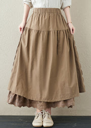 Brief Khaki Embroidered Patchwork Elastic Waist Linen A Line Skirt Summer