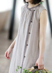 Brief Khaki O-Neck Button Linen Long Dress Sleeveless