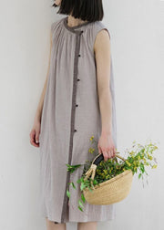 Brief Khaki O-Neck Button Linen Long Dress Sleeveless