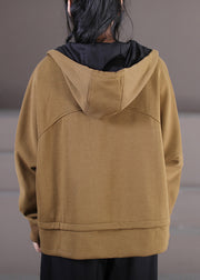 Brief Khaki Zippered Patchwork Drawstring Hooded Coats Fall