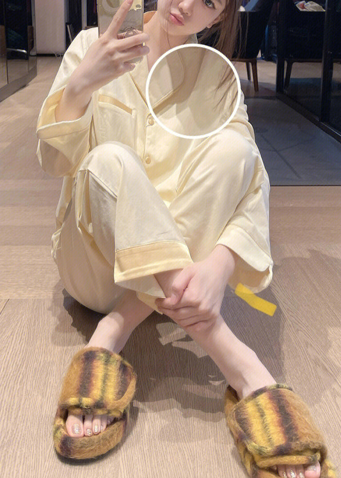 Brief Light Yellow Peter Pan Collar Patchwork Button Solid Ice Silk Pajamas Two Pieces Set Long Sleeve