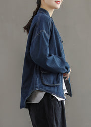 Kurze marineblaue Stehkragen-Knopftaschen Baumwoll-Denim-Mäntel mit langen Ärmeln