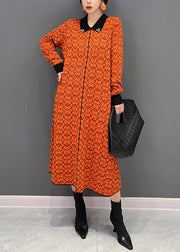 Brief Orange Peter Pan Collar Print Knit Shirt Dress Winter