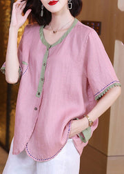 Brief Pink O-Neck Patchwork Button Linen Shirts Short Sleeve