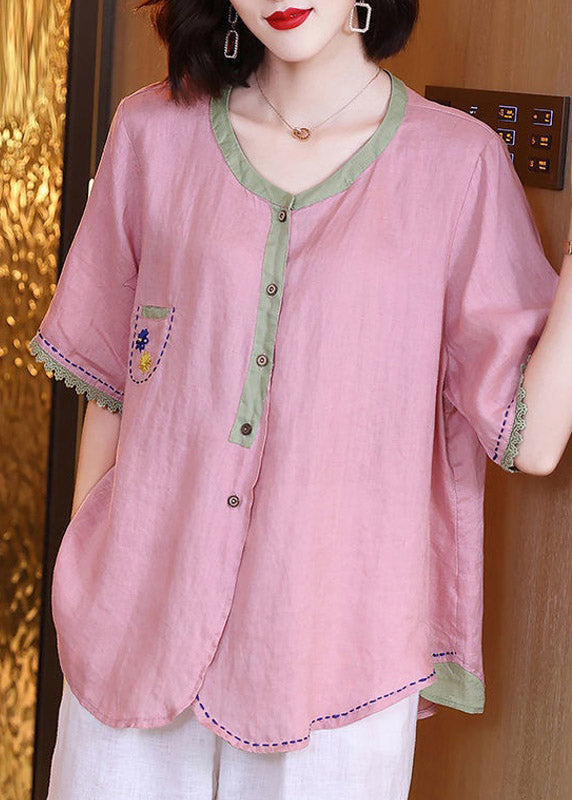Brief Pink O-Neck Patchwork Button Linen Shirts Short Sleeve