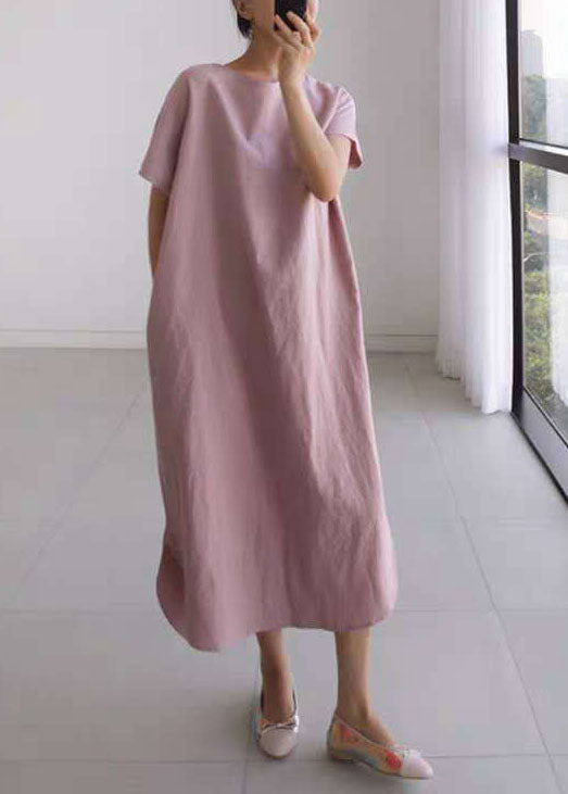 Brief Pink O Neck Patchwork Loose Cotton Long Dress Summer