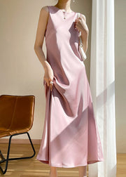 Brief Pink O-Neck Solid Silk Vacation Maxi Dresses Sleeveless