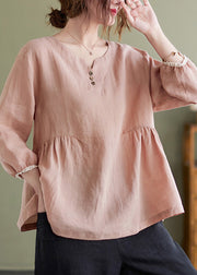 Brief Pink O-Neck Wrinkled Button Top Long Sleeve
