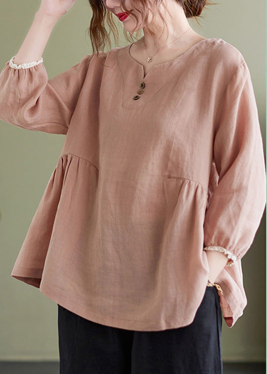 Brief Pink O-Neck Wrinkled Button Top Long Sleeve