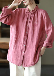 Brief Pink Peter Pan Collar Lace Patchwork Linen Shirt Long Sleeve
