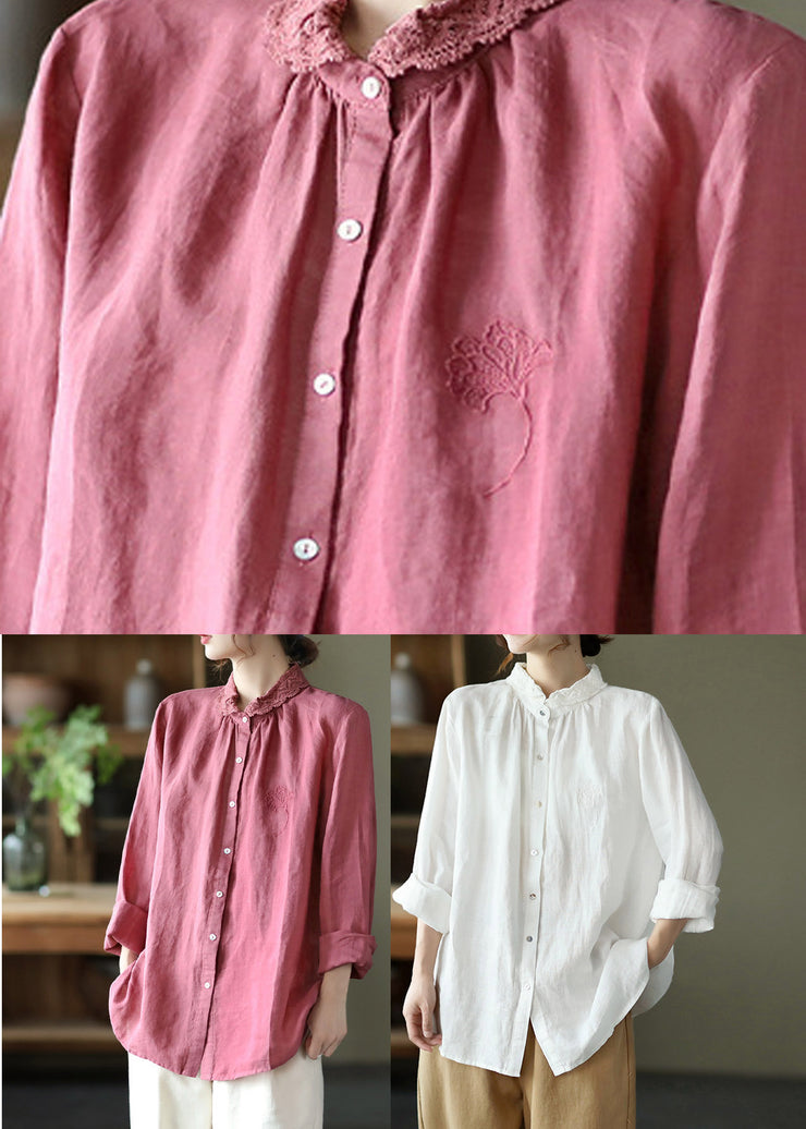 Brief Pink Peter Pan Collar Lace Patchwork Linen Shirt Long Sleeve