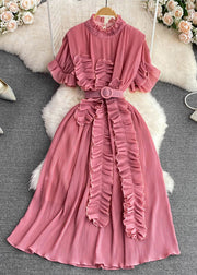 Brief Pink Stand Collar A line Long Dress Flare Sleeve