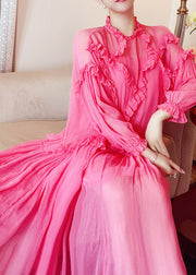 Brief Red Turtleneck Ruffled Vacation Silk Long Dresses Long Sleeve