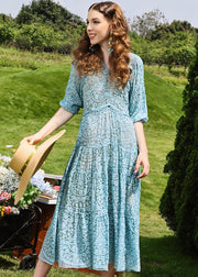 Brief Sky Blue Embroidered Floral Hollow Out Silk Long Dresses Half Sleeve