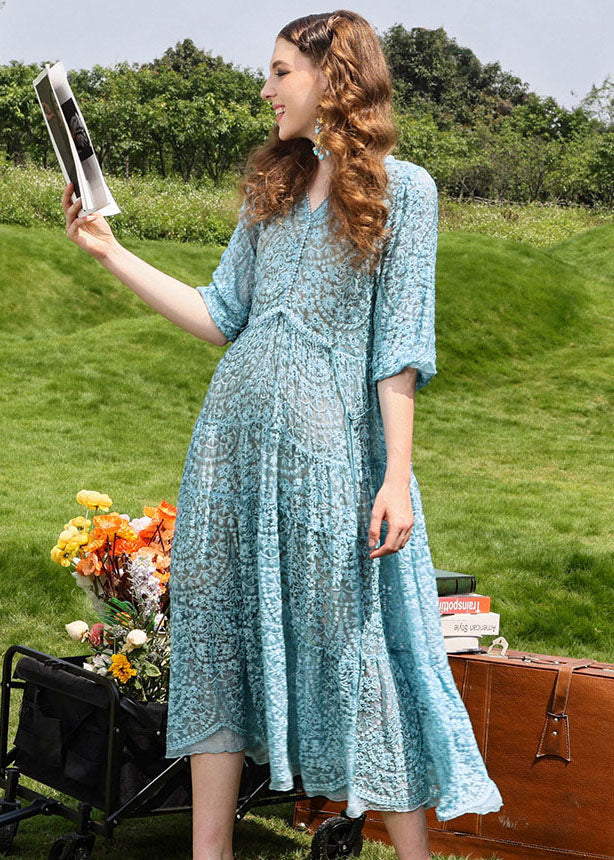 Brief Sky Blue Embroidered Floral Hollow Out Silk Long Dresses Half Sleeve