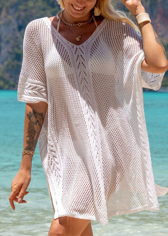 Brief White Hollow Out Side Open Knit Bikini Cover Ups Short Sleeve