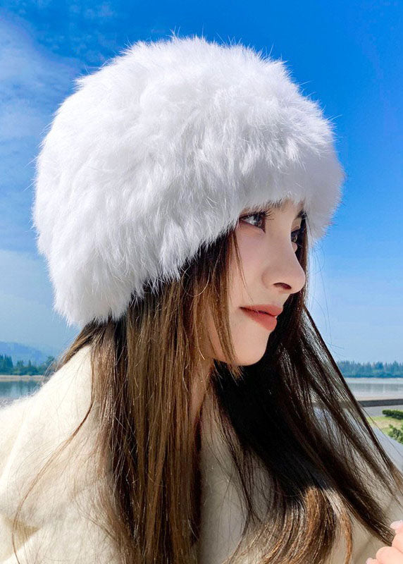 Brief White Leather And Fur Knitted Cotton Bonnie Hat