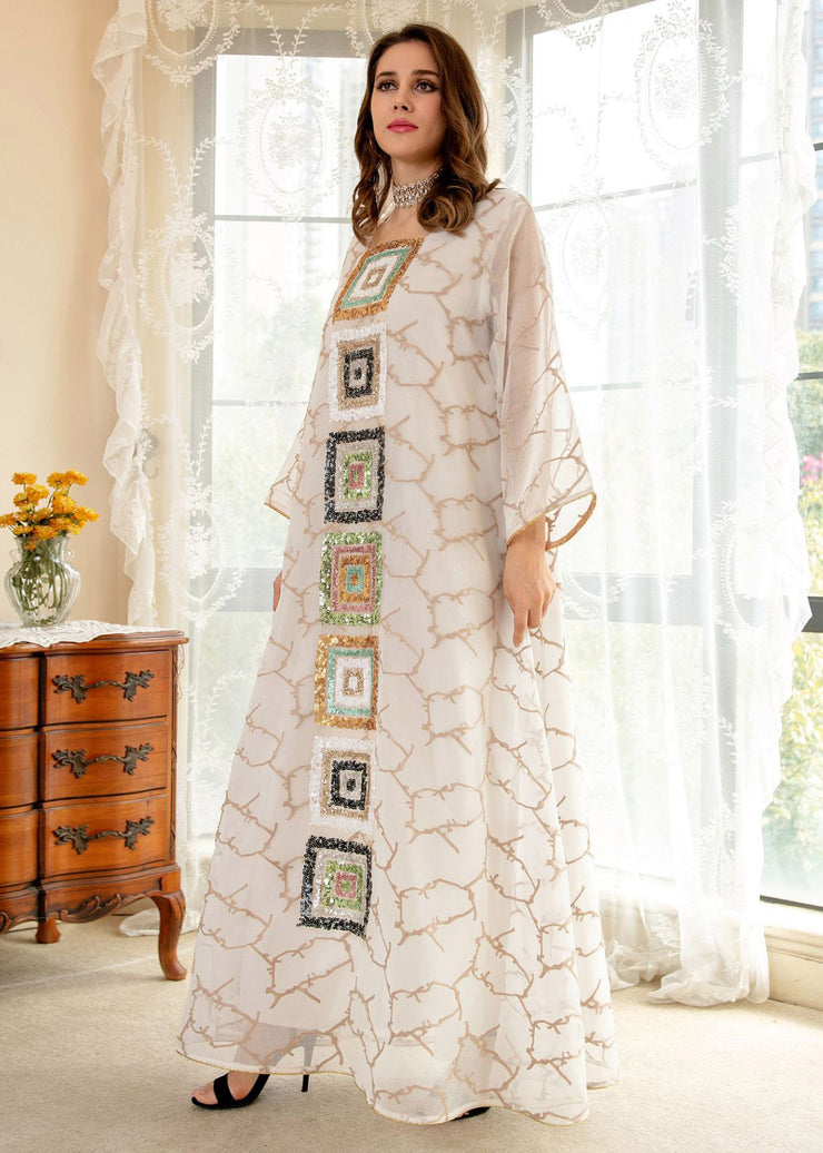 Brief White O-Neck Embroidered Floral Tulle Maxi Dress Long Sleeve