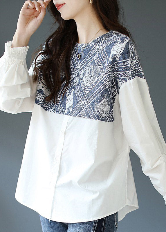 Brief White O-Neck Print Patchwork Button Shirt Long Sleeve
