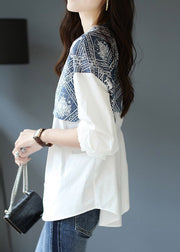 Brief White O-Neck Print Patchwork Button Shirt Long Sleeve