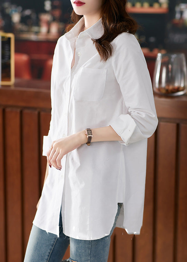 Brief White Peter Pan Collar Button Side Open Cotton Shirts Long Sleeve