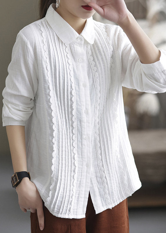 Brief White Peter Pan Collar Wrinkled Cotton Shirt Long Sleeve