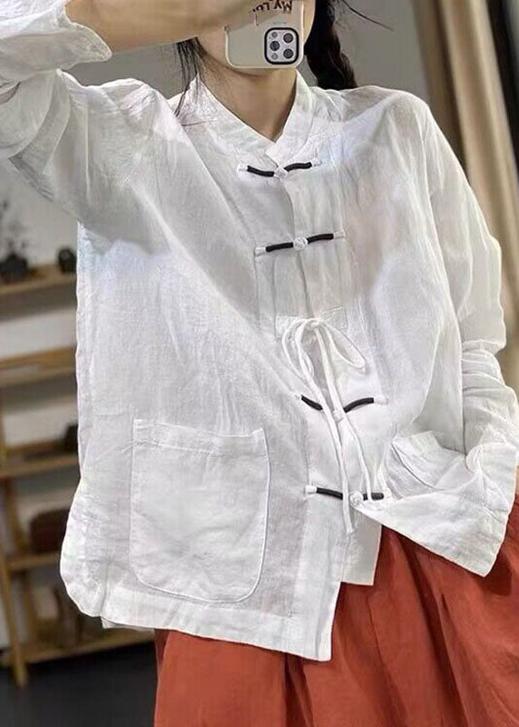 Brief White Pockets Patchwork Button Linen Top Fall
