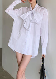 Brief White Stand Collar Bow Button Solid Shirt Spring