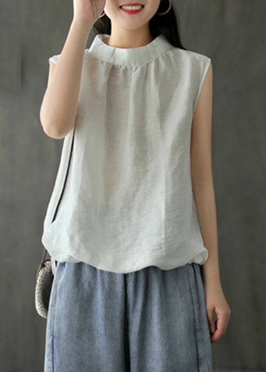 Brief White Stand Collar Solid Linen Top Sleeveless