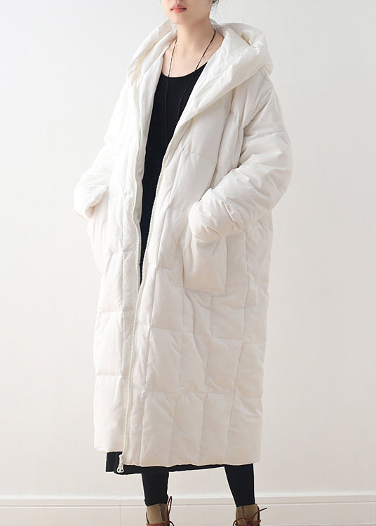 Brief White Zippered Pockets Hooded Down Coat Long Sleeve