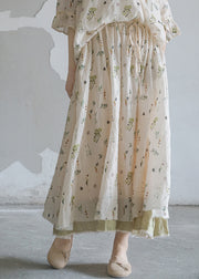 Brief White elastic waist drawstring Print Linen Skirts Spring