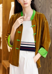 Brief Yellow Stand Collar Patchwork Button Velour Coats Spring