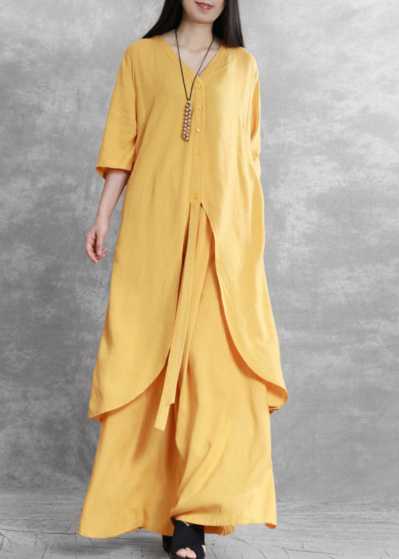Brief Yellow V Neck Top And Wide Leg Pants Two Pieces Set Summer